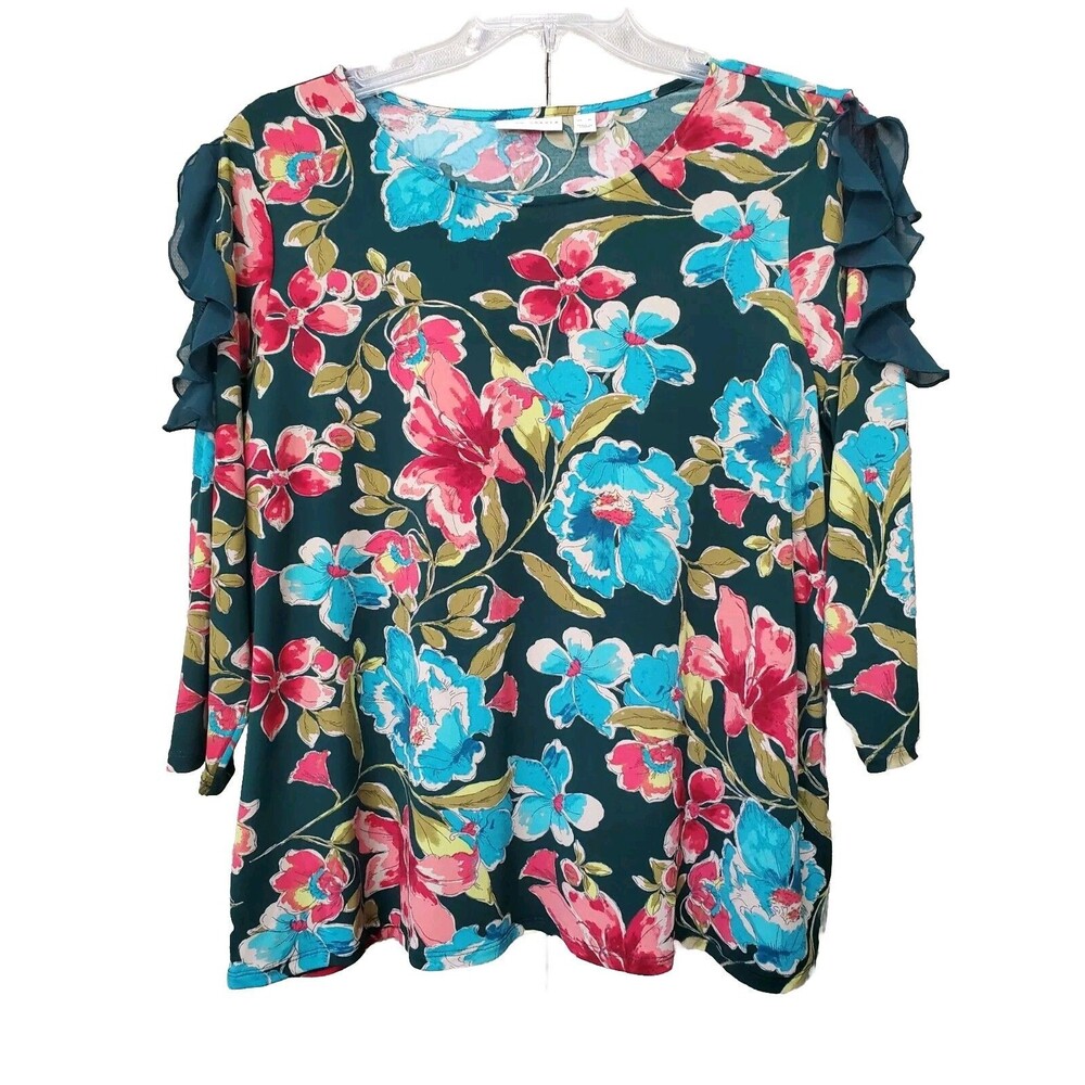Susan Graver Floral Printed LiquidKnit Top w/Lace & Chiffon Shoulder Detail XL
